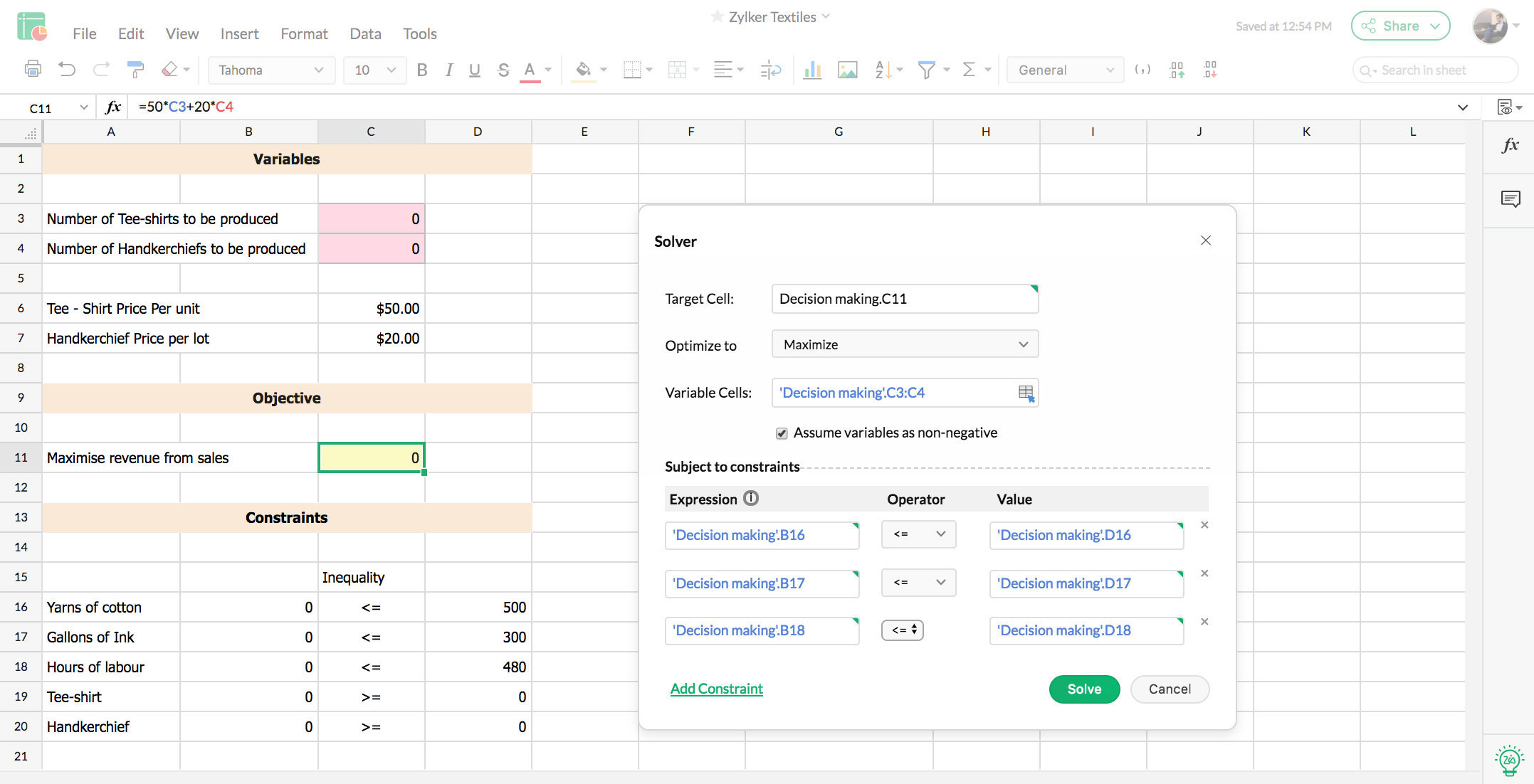 Solver in Zoho Sheet