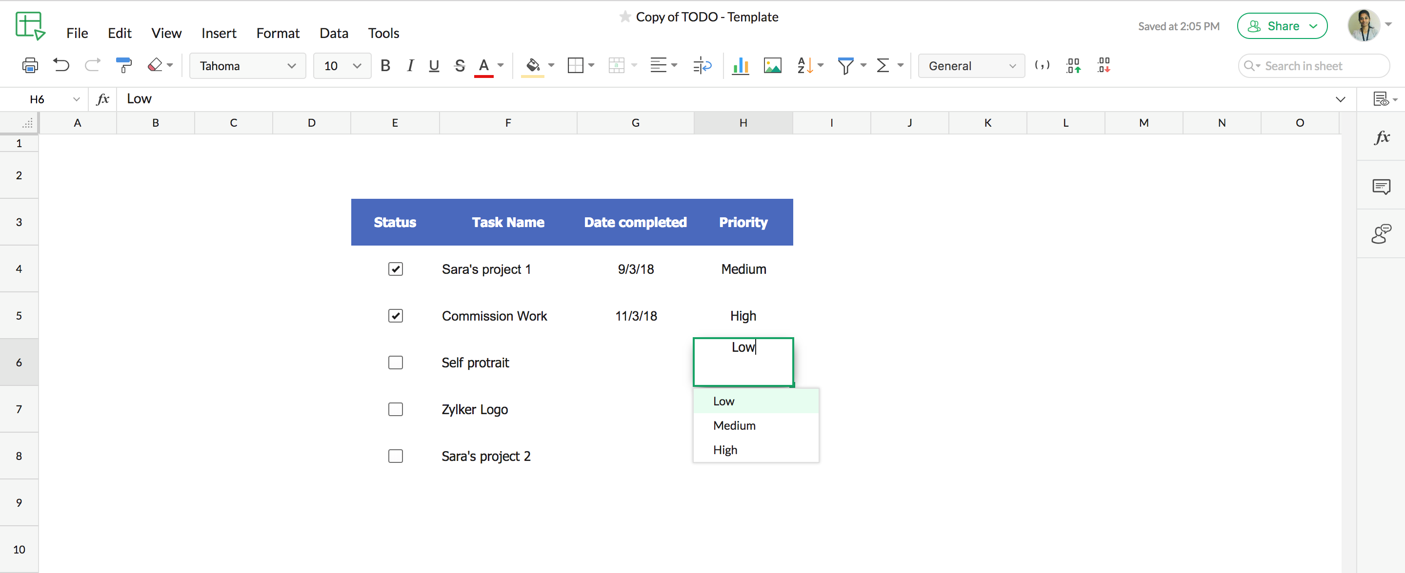 Data validation list in Zoho Sheet