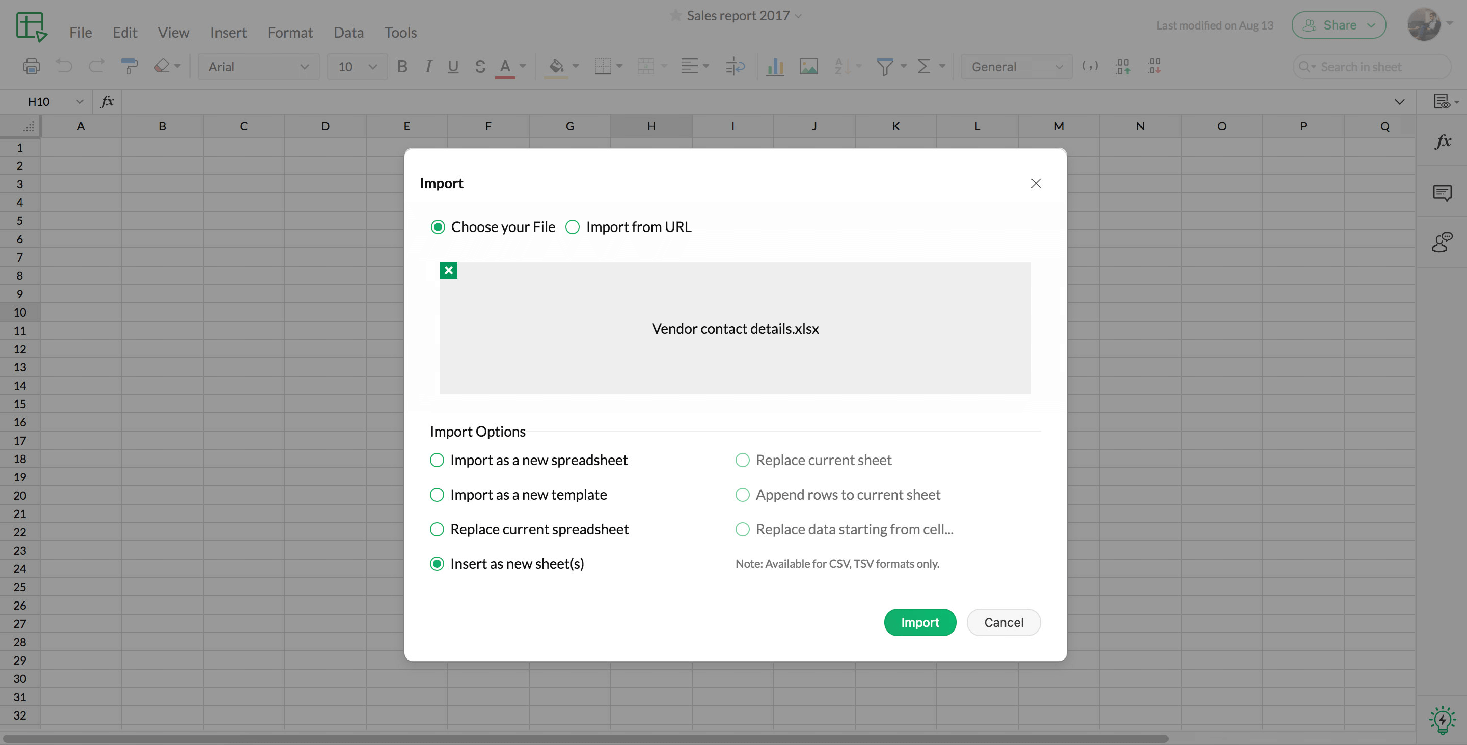 Import spreadsheets in Zoho Sheet