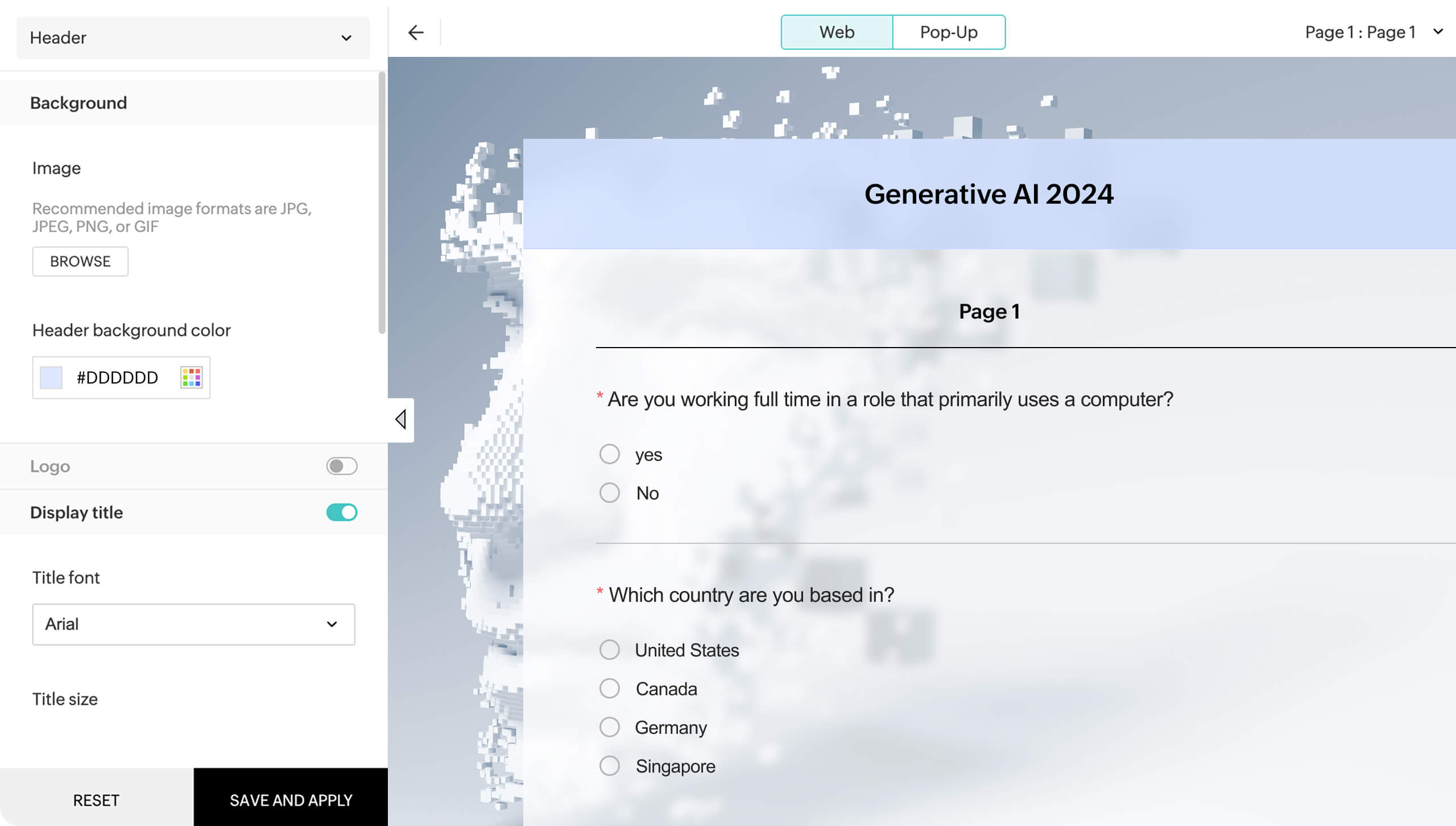 Zoho Survey theme customization screen showing header settings, background image, font options, and a preview of the survey